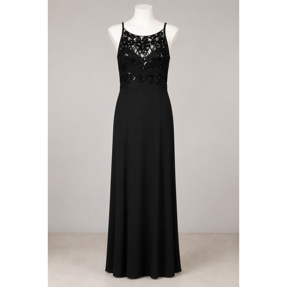 Vintage Cache Black Sequin Embroidered Mesh Bodice Evening Gown Dress Size 4
